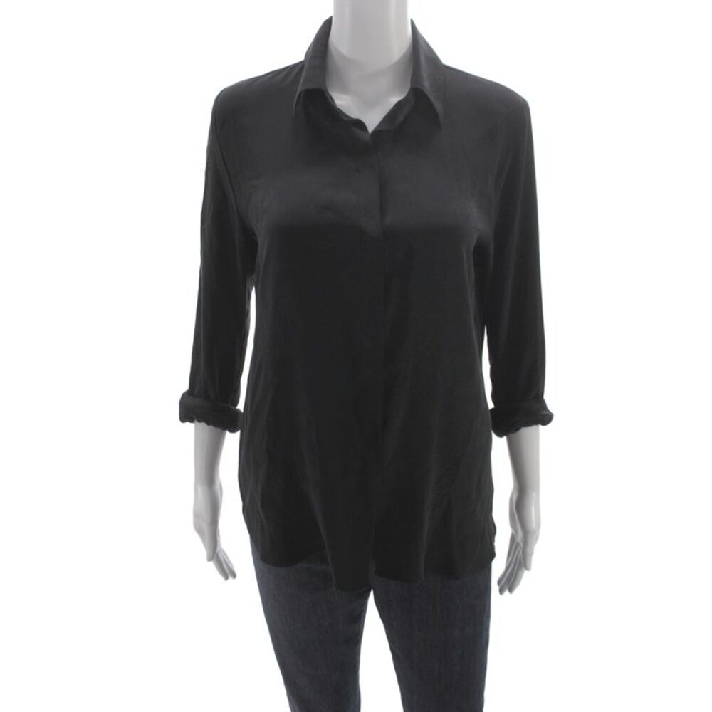 Frame Shirt Womens Silk Collared Button Up Blouse Black 3/4 Sleeve Size S